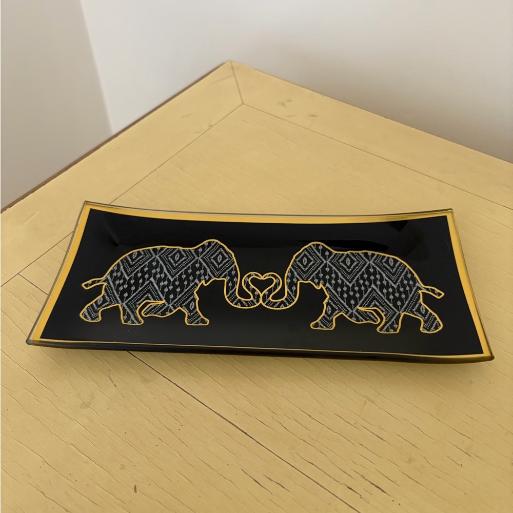 J. Crew Navy and Gold Glass Elephant Tray